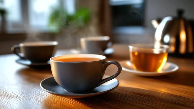 Faceless close-up of steaming tea cups on the table after goodbye, cozy warm tones and shallow depth of field, with copy space.