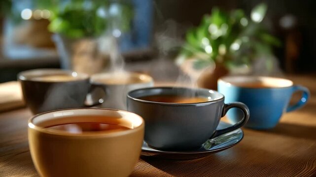Faceless close-up of steaming tea cups on the table after goodbye, cozy warm tones and shallow depth of field, with copy space.