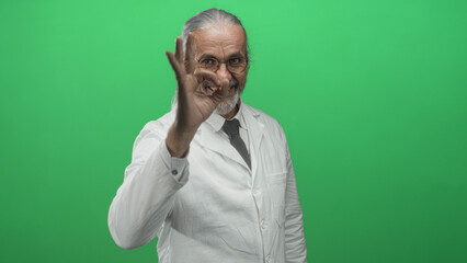 Scientist man in white lab coat making ok sign with right hand in studio green screen, wearing glasses and tie; approval confidence.