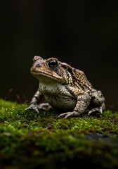 A warty toad, an amphibian, sits patiently on a patch of moss on the ground in a natural habitat, showcasing its unique texture and large eye ,wildlife ,amphibia ,bufo