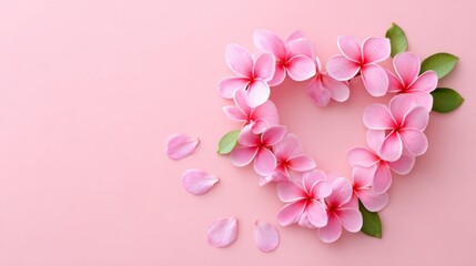 Fototapeta premium A Beautiful Arrangement of Pink Flowers Forming a Heart on a Soft Pink Background, Perfect for Expressions of Love and Affection