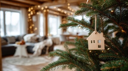 A charming ceramic house decoration is suspended from a Christmas tree, sharing the spotlight with sparkling lights and shiny ornaments