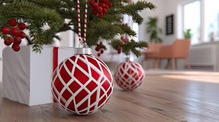 Two colorful gifts with shiny bows sit in a cozy room filled with holiday cheer, perfect for a special occasion or celebration