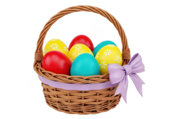 A woven easter basket filled with colorful, decorated eggs and a purple bow, isolated on transparent background grainy