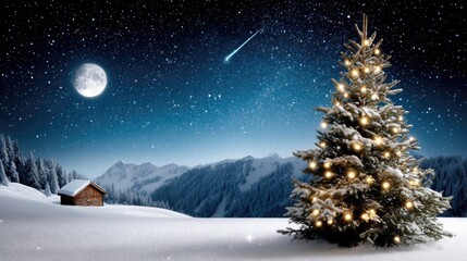 A festive evergreen tree stands in the snow, adorned with lights, under a bright starry sky on a cold winter night