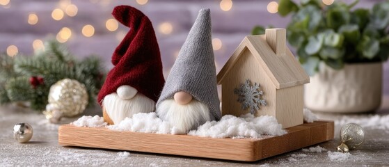 A charming scene with a gnome between two cozy houses, adorned with silver ornaments, in a warm, festive atmosphere