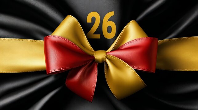 Celebrate your 26th milestone with a stunning red and gold ribbon bow against a luxurious black satin backdrop, perfect for anniversaries or special events.