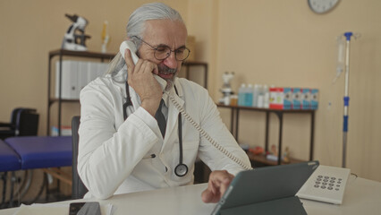 Man doctor holds handset to ear at clinic desk with stethoscope and tablet visible; patient care reassurance.