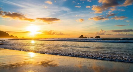 Golden sunset over a tranquil beach with gentle waves lapping the shore and dramatic clouds painting the sky with vibrant colors, creating a serene and picturesque coastal landscape