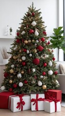 A festive Christmas tree adorned with ornaments and lights stands proudly, surrounded by neatly wrapped gifts, ready for the holiday season