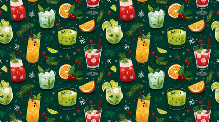 Seamless Pattern of Christmas Holiday Drinks with Citrus and Berries on Dark Green Background, Modern Illustration for Apparel and Holiday Packaging