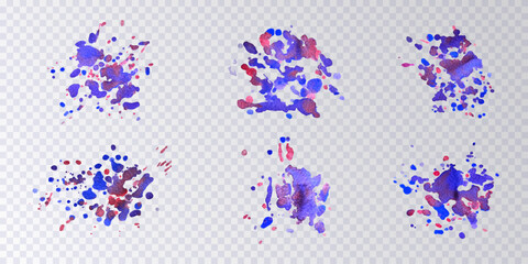 Collection of blue paint splats isolated on transparent background. Set of blue and red  decorative splashes. Art decorations. Paint spots. Watercolour splashes.Design elements. Vector illustration.