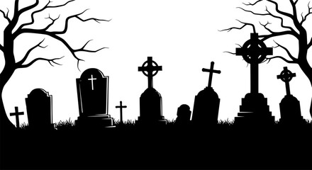 Graveyard silhouette. This image shows a graveyard with various tombstones and crosses in silhouette form, creating a spooky and eerie atmosphere. Vector clipart illustration design