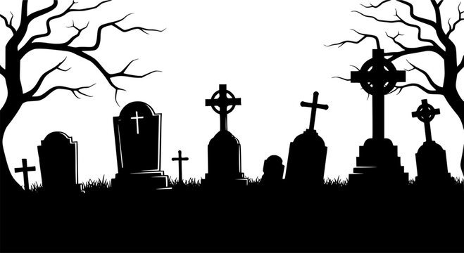 Graveyard silhouette. This image shows a graveyard with various tombstones and crosses in silhouette form, creating a spooky and eerie atmosphere. Vector clipart illustration design