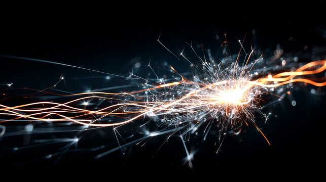 Dynamic burst of bright energy sparks and glowing trails against a dark background, symbolizing innovation and power