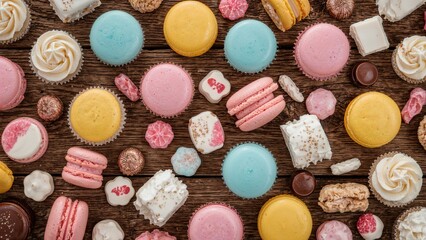 Colorful sweets and candies displayed on a wooden surface.