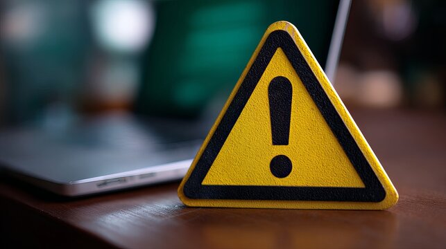 Urgent cybersecurity alert warning sign beside laptop signals digital danger and online threats, demanding immediate attention and protection.