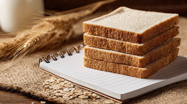 Freshly baked bread slices stacked on a notebook with wheat stalks and oats nearby create a wholesome rustic breakfast or recipe planning scene.