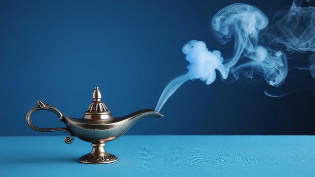 Antique genie lamp with smoke coming out magical concept isolated on blue background