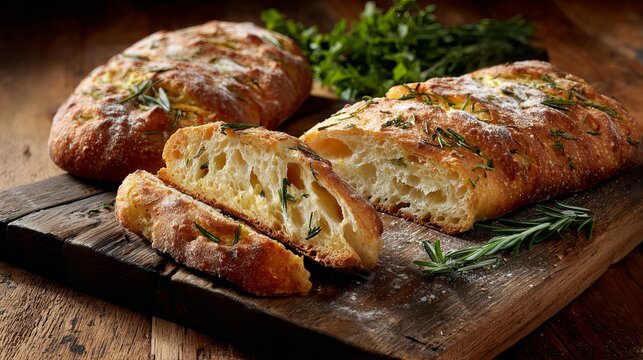 Crusty artisan focaccia bread infused with fresh rosemary, artfully presented on a rustic wooden board, inviting delicious culinary moments.