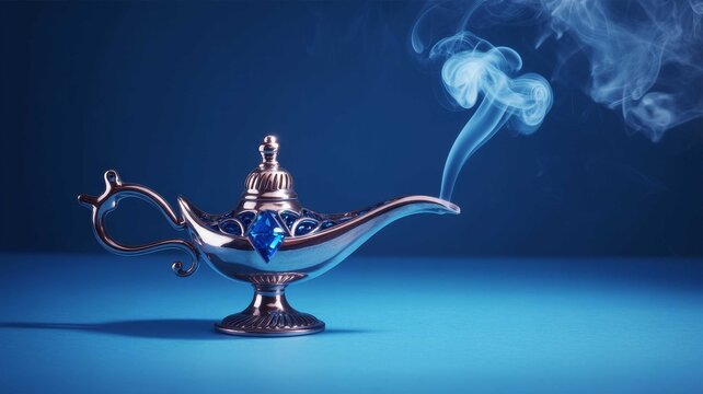 Magic lamp with smoke a genies lamp concept isolated on a blue background