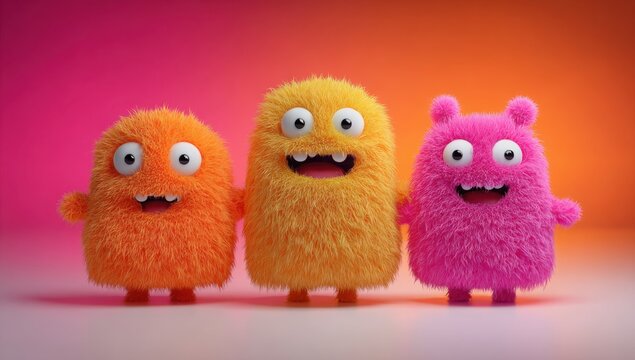 Three fuzzy monsters with big eyes and big smiles