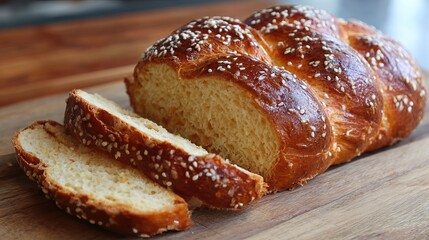 Delicious golden challah bread with sesame seeds, perfectly braided and sliced on a rustic wooden board, ready for Shabbat or any celebration.