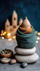 A small house model is gently wrapped in a knitted scarf, resting on a soft surface, with snowy scenery visible through the window