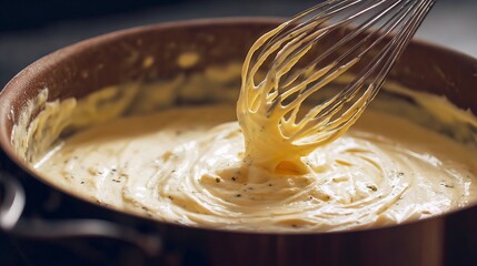 Velvety creamy sauce being whisked in a warm pan, perfect for culinary inspiration and gourmet cooking