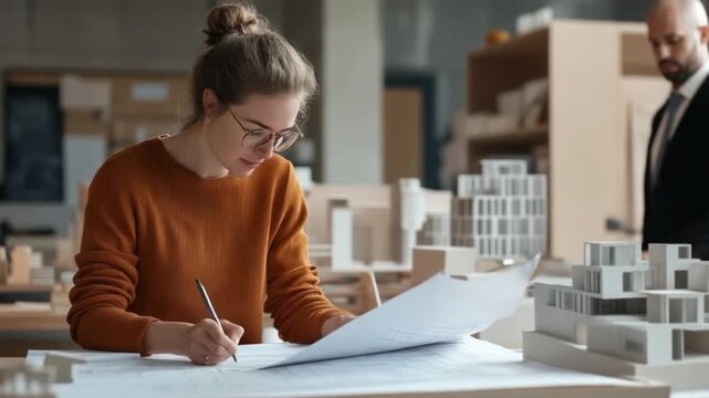 An architect intensely focused on drafting architectural plans in a vibrant workspace. Ideal for showcasing creativity and design processes in architecture. Generative AI