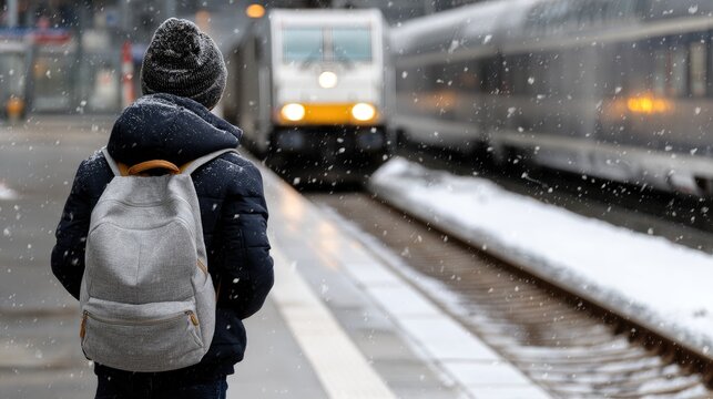 Snow gently falls as a traveler stands at the train station, ready to board the train arriving in the distance