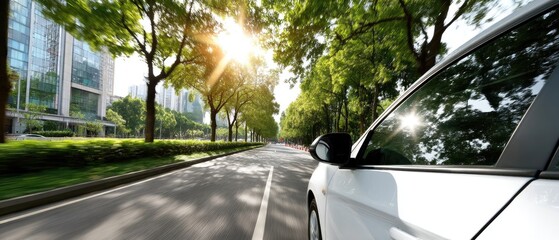 Obraz premium A white vehicle is parked in the foreground, showcasing its tire, while another car drives in the background on a sunny day