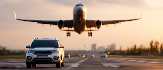 A silver SUV is parked on the runway while an airplane climbs into the sky in the background on a clear day.