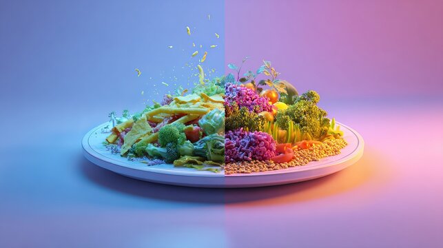 Vibrant fresh vegetables and grains artfully arranged on a platter with dramatic lighting, inspiring healthy eating choices and culinary creativity.