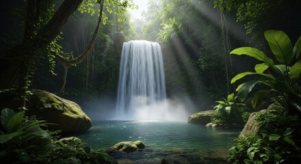 Sunlit Waterfall in Lush Tropical Jungle with Clear Blue Water.