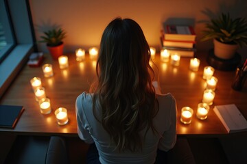 An aerial view of a young businesswoman surrounded by glowing candles on her desk, creating a tranquil oasis in a busy office.