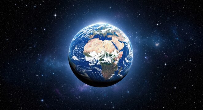Planet earth seen from space, glowing with light and surrounded by a starfield, representing our world and the cosmos