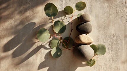Serene eucalyptus leaves and smooth river stones create a tranquil composition bathed in warm, diffused sunlight on a textured surface.