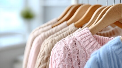 Three vibrant sweaters in soft pastels are displayed on hangers in a well-lit room, inviting warmth and comfort for any outing