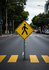 A yellow diamond-shaped warning sign indicating a designated pedestrian crosswalk area on a busy asphalt street ,crossing ,transportation ,cautionary