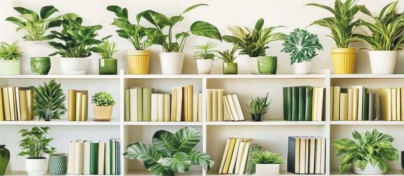 Various green potted house plants and books arranged neatly on white shelves, creating a cozy and natural home interior decor.