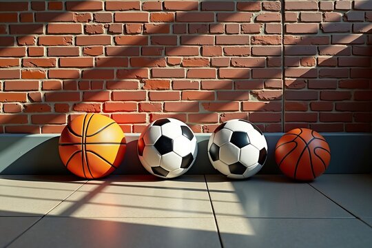 Unique Shadow Patterns From Array of Sports Equipment Against Brick Wall