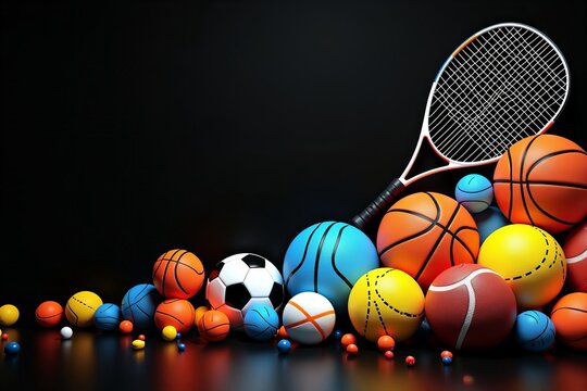 Vibrant Display: Sports Balls and Equipment in Dynamic Arrangement Against Black Backdrop
