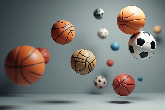 Dynamic Composition: Floating Sports Balls and Equipment against Blurred Gray Background - Powered by Adobe