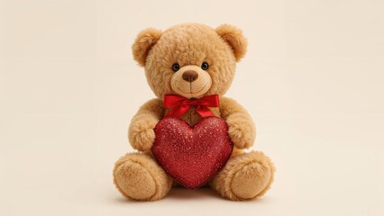 Cute teddy bear with a red bow holding a glittery heart. Valentine's Day gift idea. Love and affection, cuddly toys, and gifts. The concept of love and caring.