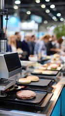 Bread loaves travel on a conveyor belt in a bakery, highlighting the process of mass production in a busy, well-lit environment