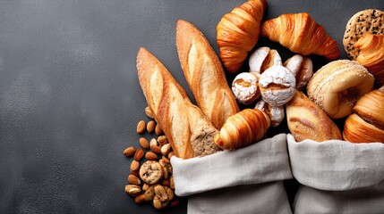An array of different types of bread, including baguettes and rolls, is beautifully arranged for an appealing presentation