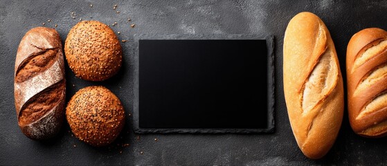 An array of different types of bread, including baguettes and rolls, is beautifully arranged for an appealing presentation