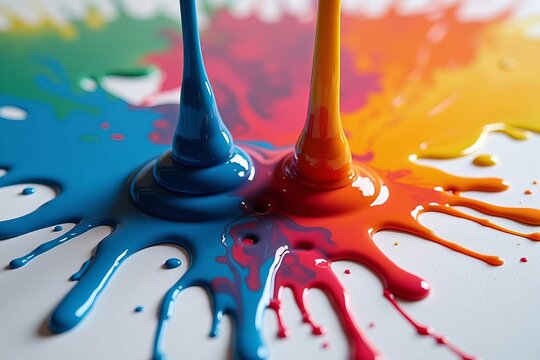Colorful paint splash creating abstract design on canvas at close range
