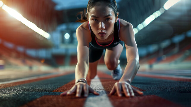 Focused Asian Female Runner Preparing to Start on Stadium Track